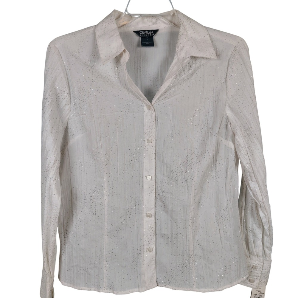 NWT CityBlues Womens XL Button Down White Silver Sparkle Crinkle Y2K Fairycore